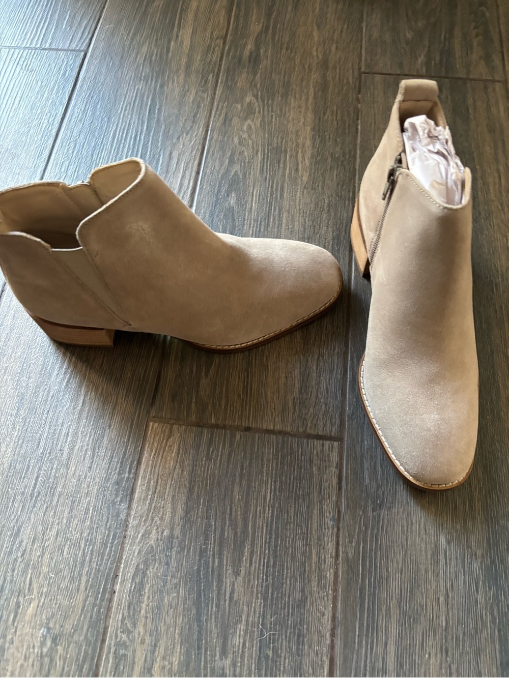 Seychelles Light Sand Suede Ankle Booties with Stacked Heel